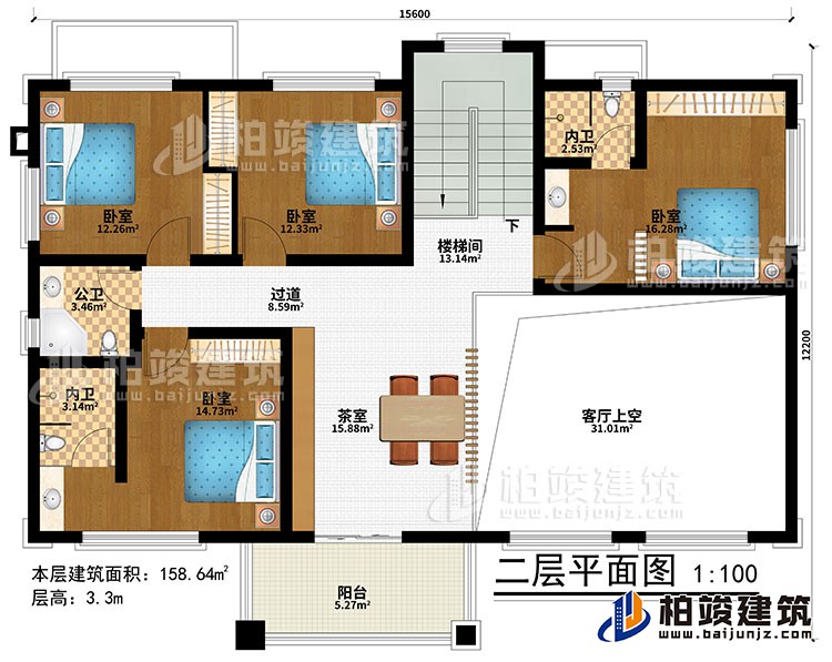 二層：樓梯間、茶室、客廳上空、4臥室、過(guò)道、公衛(wèi)、2內(nèi)衛(wèi)、陽(yáng)臺(tái)