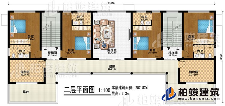 二層：起居室、2樓梯間、4臥室、4內(nèi)衛(wèi)、2儲(chǔ)物間、過(guò)廊、2露臺(tái)