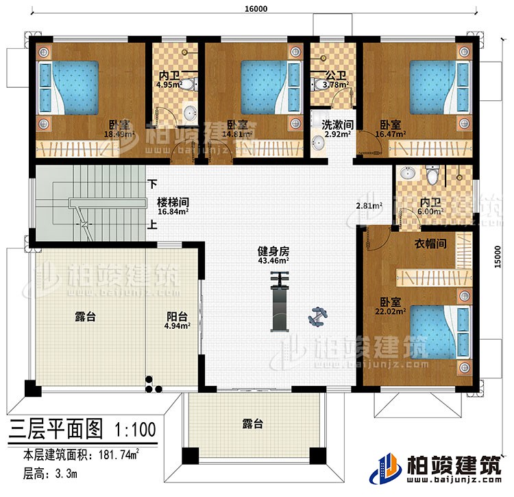 三層：樓梯間、健身房、4臥室、洗漱間、公衛(wèi)、內(nèi)衛(wèi)、陽臺、2露臺