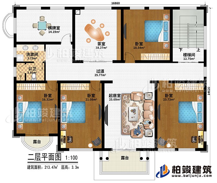 二層：樓梯間、起居室、過道、茶室、棋牌室、4臥室、洗漱間、公衛(wèi)、2露臺