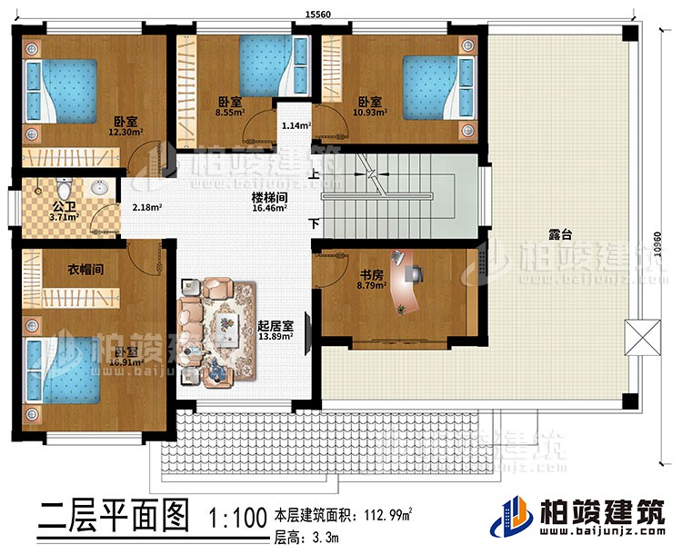 二層：樓梯間、起居室、4臥室、衣帽間、書房、公衛(wèi)、露臺(tái)